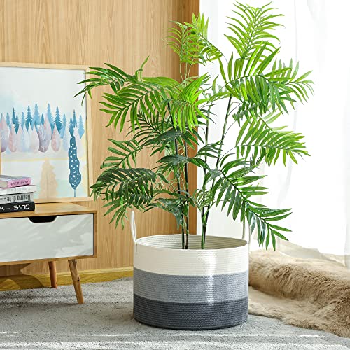 KAKAMAY Large Blanket Basket (20"x13"),Woven Baskets for storage Baby Laundry Hamper,Cotton Rope Blanket Basket for Living Room, Laundry, Nursery, Pillows, Baby Toy chest with Handles (White/Grey) - color: White and Grey