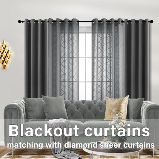 KOUFALL Grey Diamond Pattern Linen Like Sheer Curtain 52 x 63 Inch Length for Study Room Setting Room Quatrefoil Lightweight Home Decor Drapes Grommet Window Curtains for Bedroom 1 Pair - color: Grey, size: 52"W x 63"L (Pack of 2)