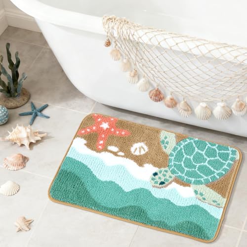 Moutina Coastal Sea Turtle Bathroom Rug 20x32 Inch, Soft and Absorbent Tufted Beach Bath Mat Non Slip Washable, Ocean Nautical Turtle Bathroom Decor - color: Sea Turtle, size: 20x32 Inch