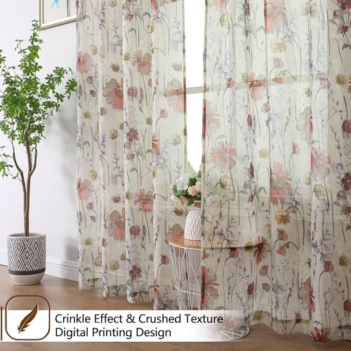 OWENIE Crushed Sheer Curtains 96 Inches Long 2 Panels Set, Sheer Floral Curtains Printed Drapes on Sheers for Living Room Bedroom, Rod Pocket Light Filtering Window Sheers (2 Panels, 51" x 96") - size: 51"W x 96"L (Pack of 2)