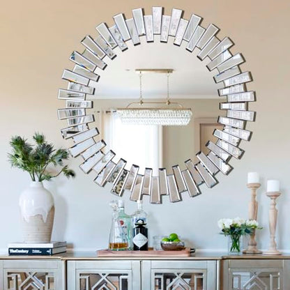 Chende Modern Decorative Round Mirror, 36'' x 36'' with Beveled Glass Frame, for Living Room, Entryway, Dining Room - size: 36"L x 36"W