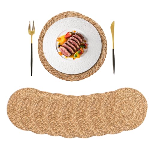 Round Woven Placemats Set of 8, 12 Inch Boho Farmhouse Rattan Placemats Rustic Braided Wicker Table Place Mats Chargers for Dinner Plates - size: 12 Inch Set of 8