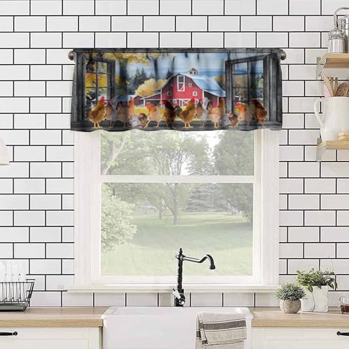 Farm Rooster Valance Curtains, Rustic Farmhouse Country Animal Rural Chicken Print Window Treatment Valances for Kitchen Bedroom Dining Room Living Room, 54x18 Inch - color: Chicken-1