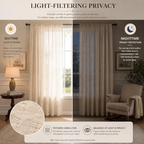 Linen Textured Sheer Curtains for Living Room Rod Pocket Top - color: White, size: 52"W x 63"L (Pack of 2)