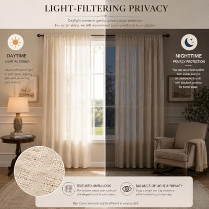 Linen Textured Sheer Curtains for Living Room Rod Pocket Top - color: White, size: 52"W x 96"L (Pack of 2)