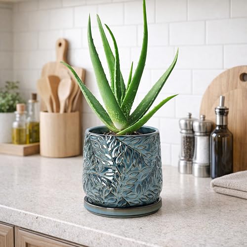 D'vine Dev Embossed Leaves Ceramic Planter, 5 in, Ocean Teal, 27-A-V-8 - color: Ocean Teal, size: 5 Inch