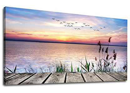 Large Lake Dock Sunset Wall Art, Flying Birds Beach Landscape, 20" x 40" - color: Sunset Lake, size: 40"L x 20"W