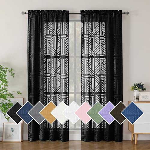 Simplebrand Black Sheer Curtains 72 Inch Length 2 Panels for Living Room, Light Filtering Geometric Jacquard Clip Textured Rod Pocket Semi Sheer Curtains for Front Back Patio Glass Door，42x72 inch - color: Black, size: 42"W x 72"L (Pack of 2)