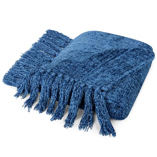 PAVILIA Chenille Throw Blanket, Knit Twin Size Tassel Throw, Blue 60x80 - color: Blue, size: 60 X 80 Inches - Twin