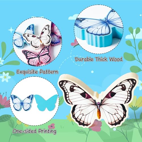 WATINC 4PCS Spring Butterfly Wooden Signs, Summer Tiered Tray Decorations, Double-sided Butterfly Printed Wood Tabletop Centerpiece Sign, Butterflies Farmhouse Rustic Party Decor for Home Kitchen - style: Butterfly