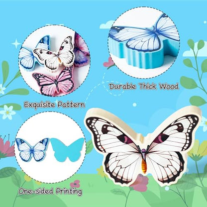 WATINC 4PCS Spring Butterfly Wooden Signs, Summer Tiered Tray Decorations, Double-sided Butterfly Printed Wood Tabletop Centerpiece Sign, Butterflies Farmhouse Rustic Party Decor for Home Kitchen - style: Butterfly