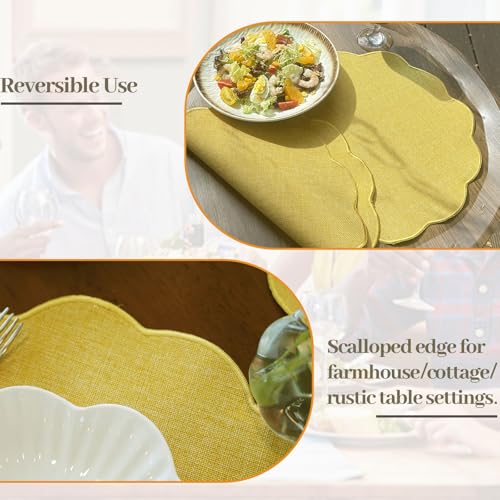 AHHFSMEI Round Scalloped Placemats Set of 6 15 Inch Faux Linen - color: Yellow