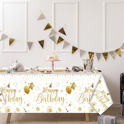 Tudomro 3 Pcs Plastic Happy Birthday Party Tablecloths,White Gold - color: White Gold