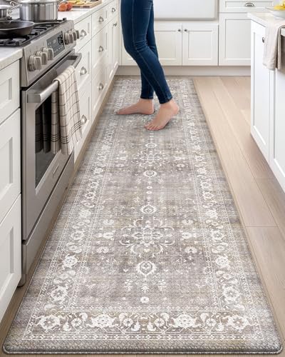 DEXI Kitchen Floor Mats Cushioned Anti Fatigue Runner Rug Grey Floral - color: Beige Grey, size: 107"L x 24"W x 0.4"Th