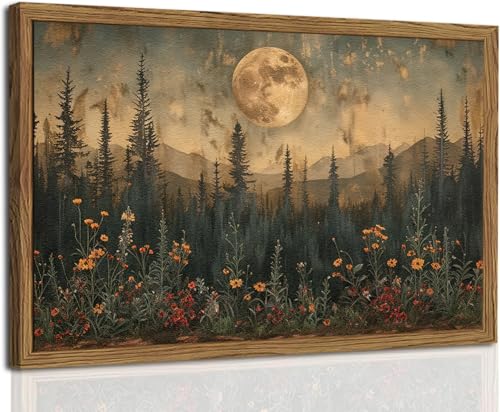 Vintage Nature Forest Wall Art Dark Moon Landscape Painting Wall Decor Woodland Picture Artwork 3D Textured Hand Drawn Sandstone for Farmhouse Bedroom Living Room 12x16 inch Wood Framed - color: Dark, size: 16"L x 12"W