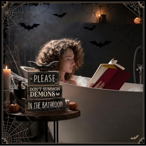 Moucuny 4 Pcs Halloween Bathroom Decoration Gothic Bat Wooden Stacked Block - style: Bat & Demon