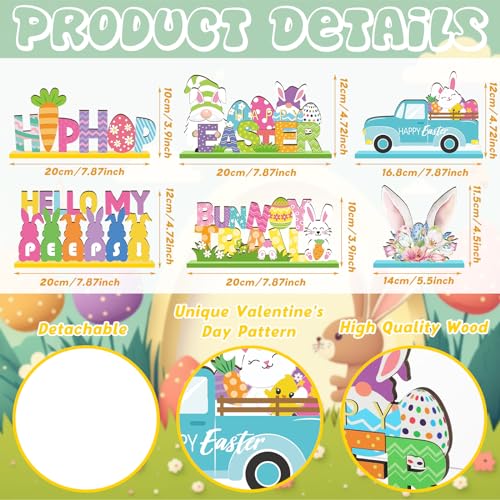 6 Pcs Easter Tabletop Decorations Easter Table Decor Tiered Tray Decorations Set Happy Bunny Egg Truck Wooden Signs Gnome Rustic Table Centerpiece for Home Spring Party - style: Bunny
