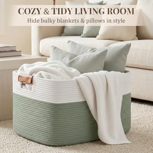 Danpinera 100L Extra Large Blanket Basket for Living Room, White&Sage Green - color: White & Green, size: 108L