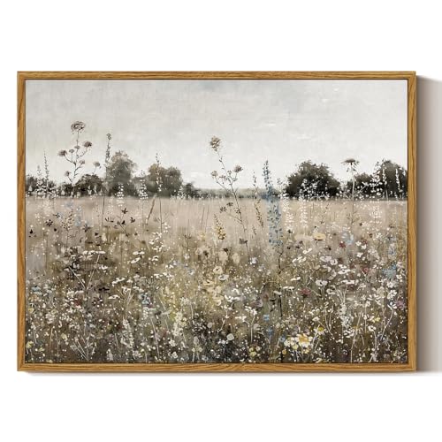 ARPEOTCY Vintage Framed Canvas Wall Art, 12x16inch, Classical Wildflowers Field Sky Farmhouse Pictures Wall Decor, Art Prints for Home Decor Aesthetic, Paintings for Living Room Office - color: Flower Field and Sky, size: 16"L x 12"W