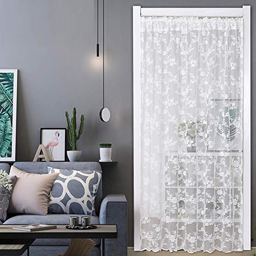 Rod Pocket Lace Sheer White Mesh Room Divider - 70 Inch Long Embroidery Floral Voile Cabinet Curtain - Kitchen, Bedroom Door, Small Window - color: Lace, size: 60"W x 70"L (Pack of 1)