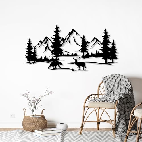 DecoSoul Mountain & Forest Metal Wall Art - Extra Large Farmhouse Wall Decor, Pine Tree & Bear Outdoor Metal Sign, Mountain Range View, Housewarming Gift - style: Mountain, Forest, Bear and Deer