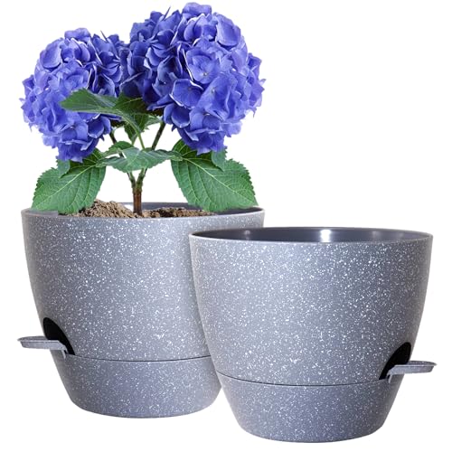WSMKSZ 10 inch Self Watering Pots, Planter, Plant Pots with Mesh Drainage Holes for Indoor Outdoor House Plants and Garden, Set of 2 Plastic Flower Pots with Deep Reservoir, Speckled Grey - color: Gray With White Speckles, size: 10inch 2pcs
