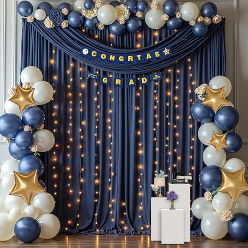 20 x 10ft Navy Blue Backdrop Curtains with Lights String - color: Navy Blue, size: W5' x H10'(4 panels)