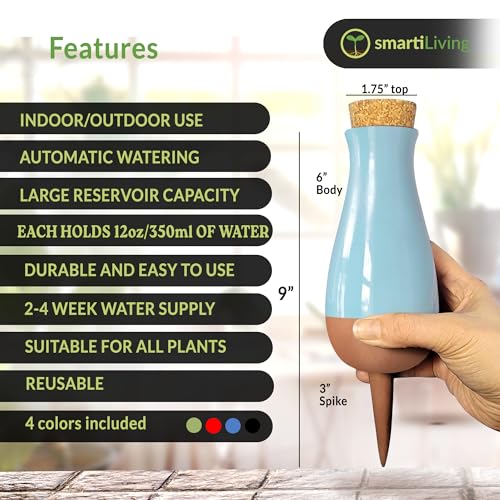 Drip Irrigation Stakes - Extra Large Improved Drip Easy-Refill 4 Week Waterer System with Large Reservoir Bulbs - Automatic Self-Watering Device for Indoor & Outdoor Plants - color: Black, Red, Blue and Yellow