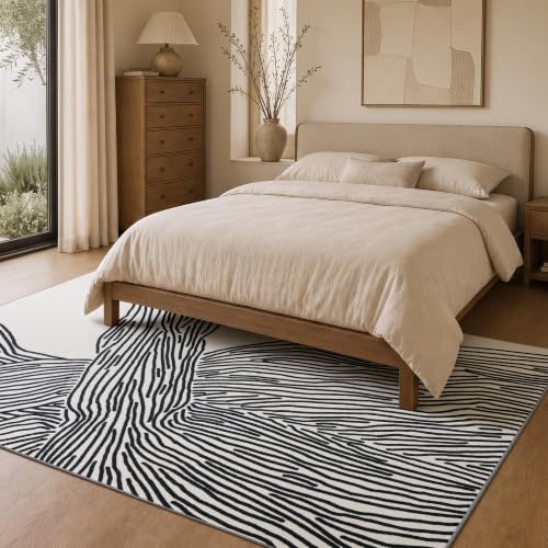 10x14 Extra Large Washable Area Rug, Black and Cream White Abstract Rug - color: Modern Lines Beige, size: 10' x 14' (Rectangular)