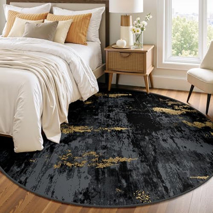 RELEANY Washable Round 6ft Area Rug for Living Room Black Gold - color: Black/Gold, size: 6' (Round)