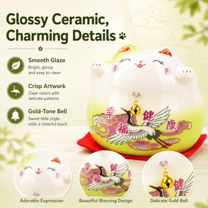kcrygogo Green Maneki Neko Lucky Cat Figurine, Ceramic Japanese Fortune Cat Statue with Happiness Health Artwork and Red Cushion, Cute Good Luck Desk Shelf Table Decor Gift for Home Office Shop