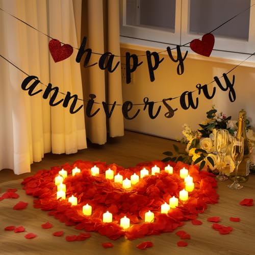 Retisee Red Anniversary Decorations Happy Anniversary Banner Sign Romantic Feliz Aniversario Party Decoration Glitter Banner with 24pcs LED Candles 2000pcs Rose Petals for Home Party Night Wedding