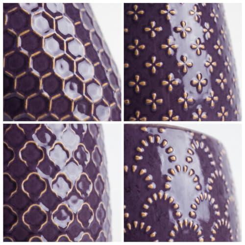 EFISPSS Ceramic Plant Pots, 5 Inch Planters with Drainage Holes and Ceramic Tray, Relief Design Flower Planter, Desktop Office Windowsill Decoration Gift Set of 4 - Purple - color: Purple