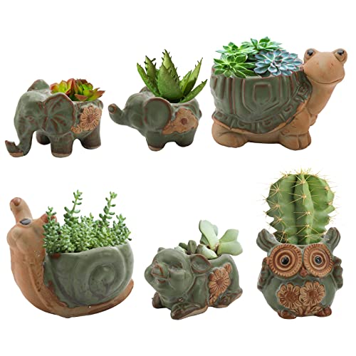 Okllen 6 Pack Mini Animal Ceramic Succulent Planter Set, Cute Elephant, Turtle, Owl, Snail, Succulent Pots with Drainage Hole, Ideal for Bonsai, Indoor, Outdoor