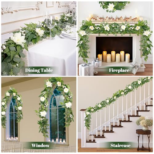 Artificial Eucalyptus Garland with Lights,Fairy Light Olive Leaves Vine Garland with White Flowers & White Berries, Bendable Mantle Garland for Indoor Outdoor Wedding, Home Decoration (6FT) - size: 6FT