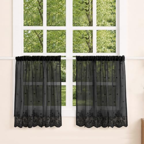 Molaxhome Kitchen Curtains Valance Black Lace Floral Semi Sheer Curtain - color: Black, size: 29"W x 24"L (Pack of 1)