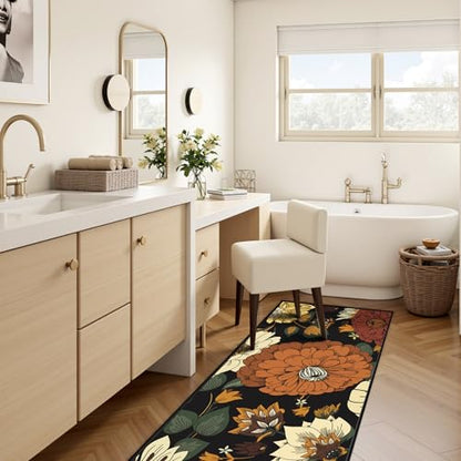 Tyrot Black Boho Floral 2x6 Runner Rug, Washable Mid Century Modern Style - color: Warm Ember, size: 2' x 6' (Runner)