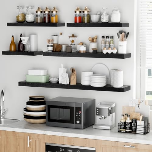 Fun Memories 36 Inch Floating Shelves - Deep Rustic Black Wooden Wall Shelves - Extra Deeper & Thicker Wall Mounted Storage Shelf for Bedroom, Kitchen, Farmhouse - 2 Pack, Rustic Black - color: Black, size: 36"L x 8"D