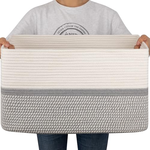 OIAHOMY Blanket Basket Laundry Basket Dog Toy Basket 75L Grey/White - color: Grey White, size: 22”x17”x12”