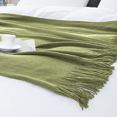 Vonty Olive Green Knitted Throw Blanket with Tassels Fringe, 50x60 Acrylic - color: Olive Green, size: 50" x 60"