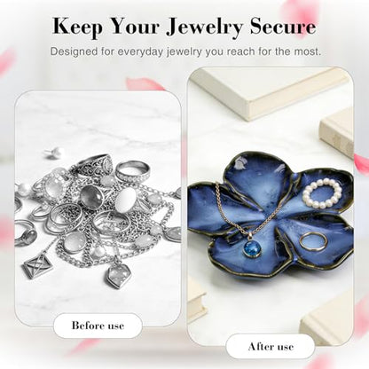 SEEDUSTRY 세라믹 주얼리 트레이, 꽃잎 반지 접시, 작은 세라믹 주얼리 장신구 홀더, 데스크탑 장식, 반지, 귀걸이, 목걸이를 위한 앙증맞은 접시, 어머니 여자 친구 딸 자매를 위한 선물 - color: 잉크 블루