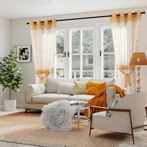 L.Z.E Floral Sheer Curtains for Living Room 108 Inches Long 2 Panels Set, Spring Sheer Curtains & Drapes for Bedroom Girls Room Nursery Grommet Top Voile with Tiebacks (56" W x 108" L) - color: Gold Floral, size: 56"W x 108"L (Pack of 2)