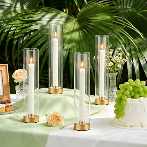 Hurricane Candle Holders Golden Taper Candle Sticks Holder, with 11" Thickened Glass Cylinder Covers Tall Candlesticks Holders Bulk Set of 10, Dining Table Centerpiece for Wedding - color: Clear