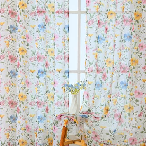 OWENIE Printed Floral Sheer Curtains - 90 Inches Long 2 Panels Set for Girls Bedroom Living Room, Soft Airy Light Filtering Textured Farmhouse Sheer Drapes, Rod Pocket Window Treatments, 50" Wx90 L - size: 50"W x 90"L (Pack of 2)