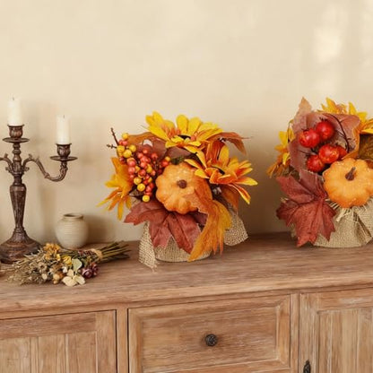 RHN Fall Centerpieces for Tables,2 Pcs Fall Table Flowers Centerpiece Decor with Pumpkin Sunflower Pinecone Berry and Maple Leaf for Autumn Thanksgiving Home Dining Table Decorations