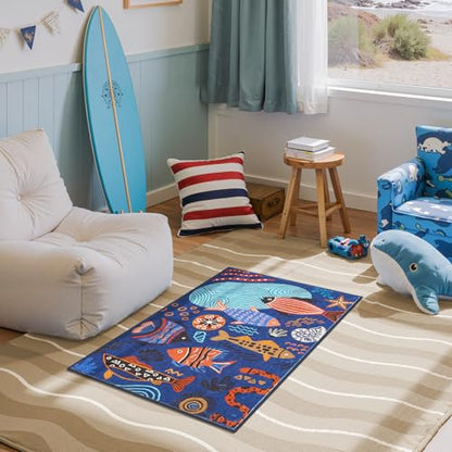 jinchan 2x3 Coastal Area Rug Washable Kids Rug Colorful Ocean Fish Mat Blue - color: Undersea Stroll Navy Blue, size: 2' x 3' (Rectangular)