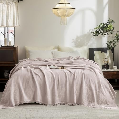 FOSSA Muslin Blanket 4-Layer 100% Cotton Gauze Blanket with Fringe 104"x90" - color: Greyish Pink, size: King (104" × 90")