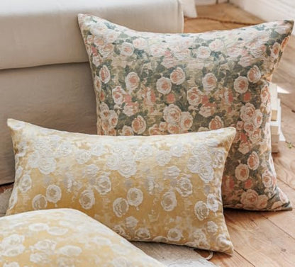Chenille Rose Floral Pattern Farmhouse Throw Pillow Cover, 12 x 20 Yellow - color: Light Yellow, size: 20" x 12" (Pack of 1)