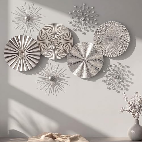 Frienda 8 Pcs Metal Wall Decoration Metal Starburst Radial Plate Art Hanging Decorative Wall Decorations 3D Sunburst Decoration for Home Bedroom Living Room Office Entryway (Silver) - color: Silver