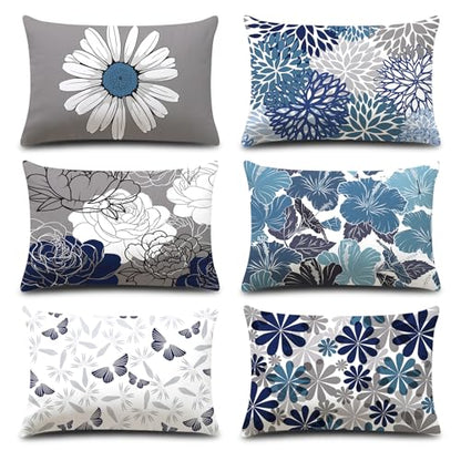 COMMINY Blue Grey Lumbar Pillow Covers 12x20 Set 6 Linen Throw Cover - color: Blue Daisy, size: 20" x 12" (Pack of 6)